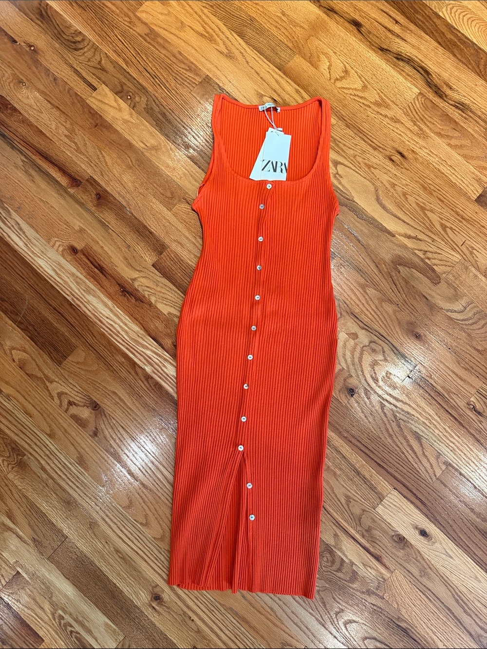 Zara Bright Orange Ribbed Midi Tank Dress with Front Buttons